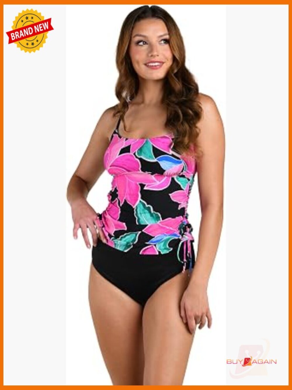 Side Shirred Tankini Top with Adjustable Straps and Removable Cups